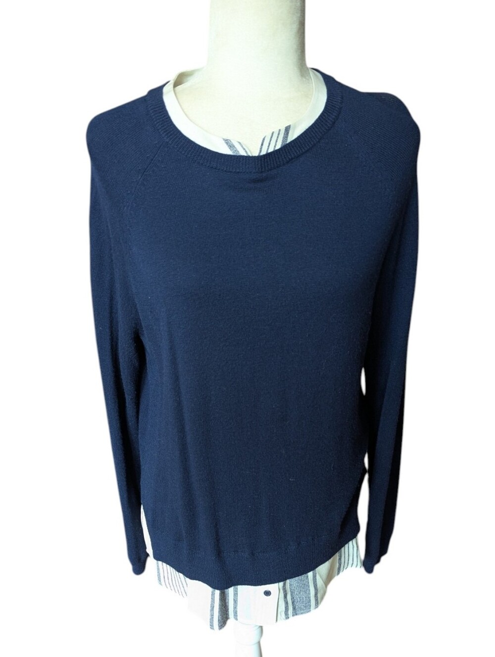 Joie Navy Crewneck Faux Layered Look Preppy Country Club Tunic Sweater Sz M